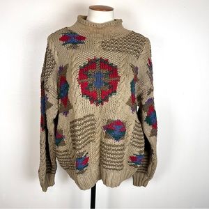90s Tribal Print Roll Neck Sweater Large